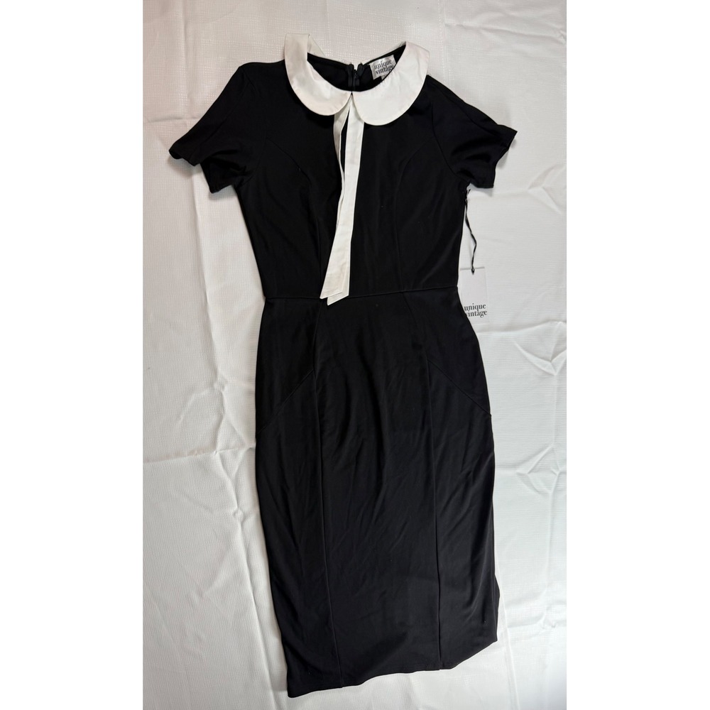 Unique Vintage Black Peter Pan Collar Bow Midi Dress Large NWT - Picture 2 of 10